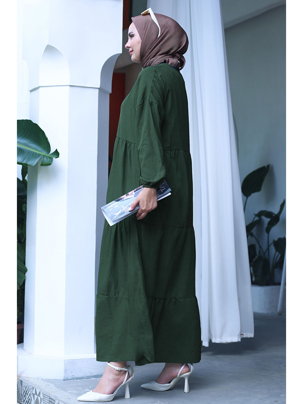 Hakim Yaka Kadın Haki Büzgülü Pat Detaylı Elbise - 13156-4