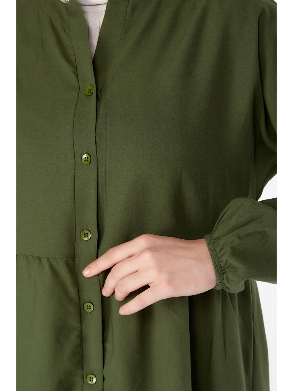 Hakim Yaka Kadın Haki Büzgülü Pat Detaylı Elbise - 13156-5