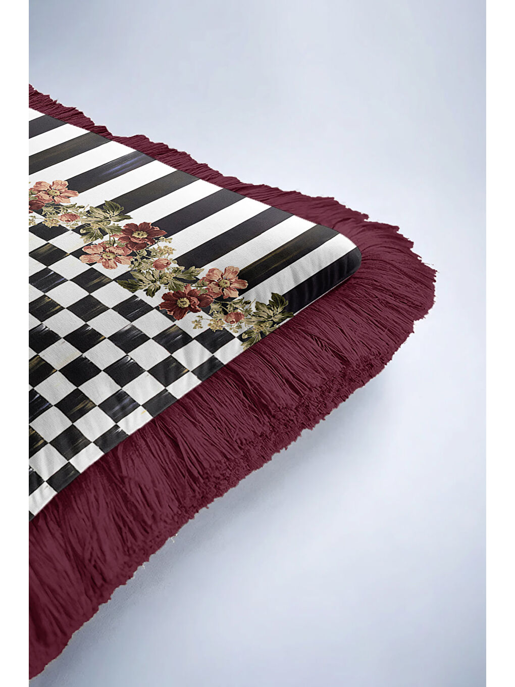 Karışık Lüks Patchwork Çiçekli Saçaklı Yastık Kılıfı - Çizgili Ekose Viktoryen Bordo Püsküllü Kırlent Kılıfı-6