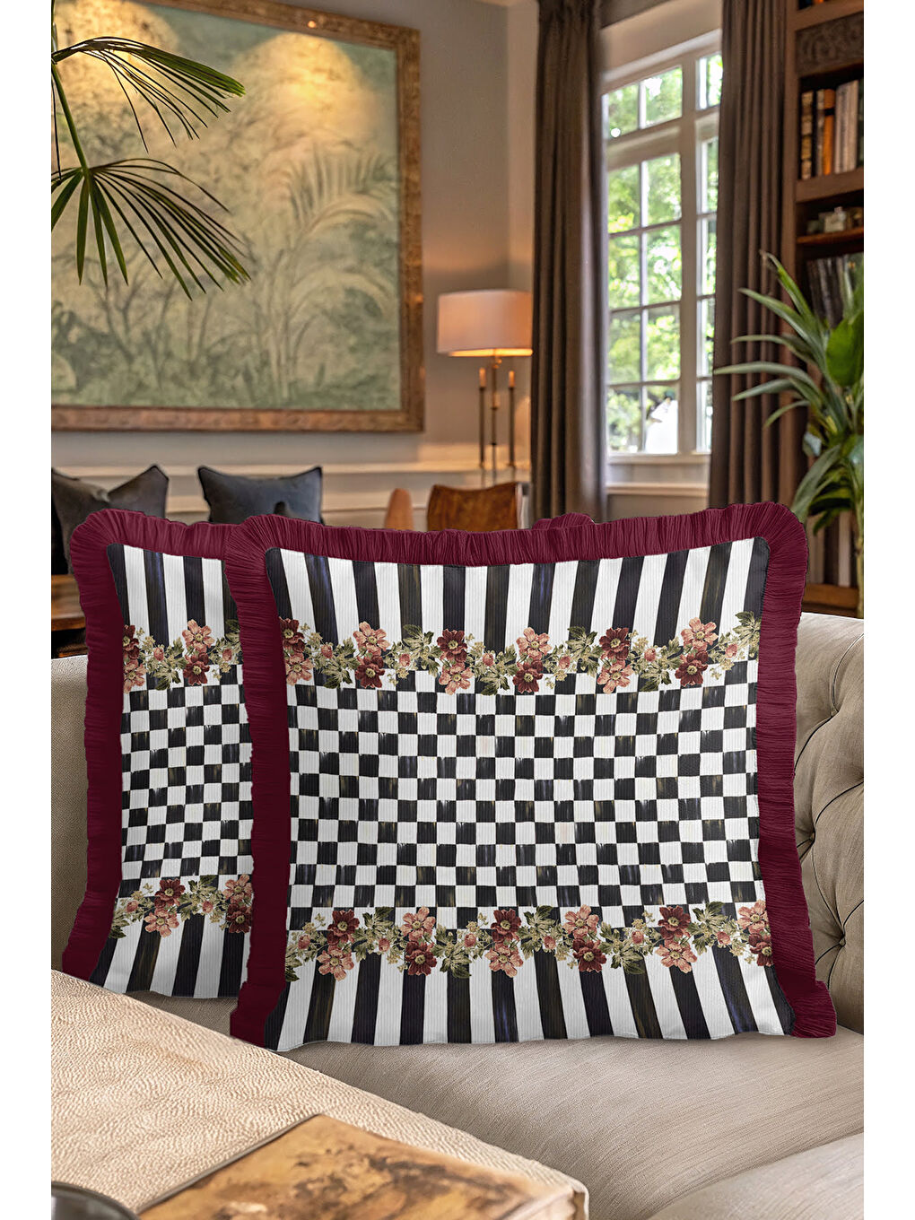 Karışık Lüks Patchwork Çiçekli Saçaklı Yastık Kılıfı - Çizgili Ekose Viktoryen Bordo Püsküllü Kırlent Kılıfı-7