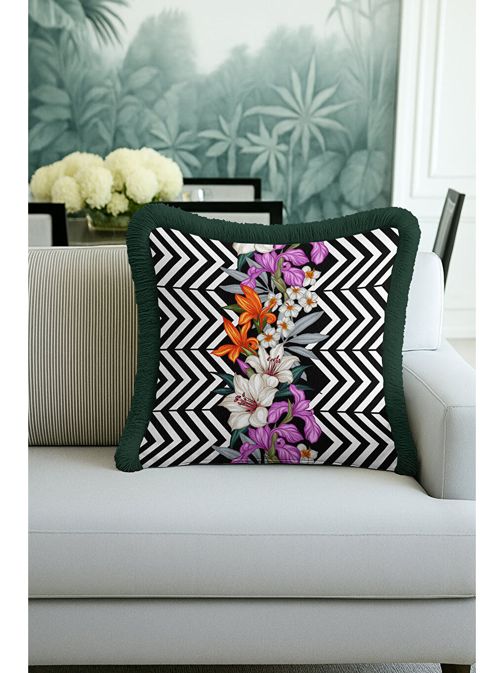 Karışık Lüks Geometrik Çizgili Saçaklı Yastık Kılıfı - Çiçekli Modern Siyah Yeşil Püsküllü Kırlent Kılıfı
