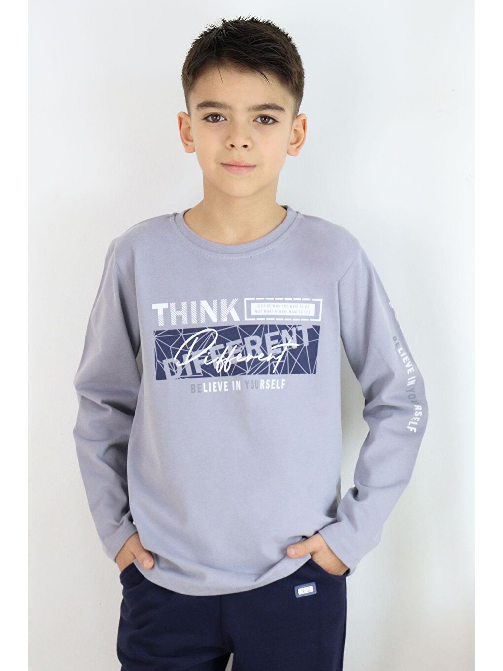 Erkek Çocuk Uzun Kollu Tişört Motivasyon Temalı Sırt Kısmı Baskılı Gri (6-12 Yaş)