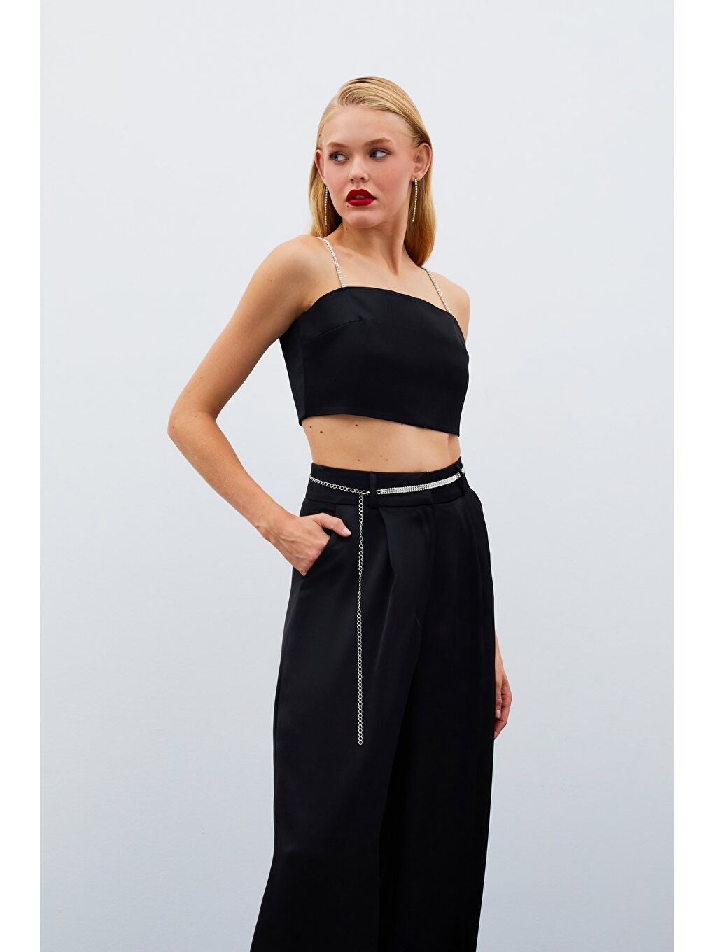 Taş Kemerli Saten Pantolon - Siyah-5