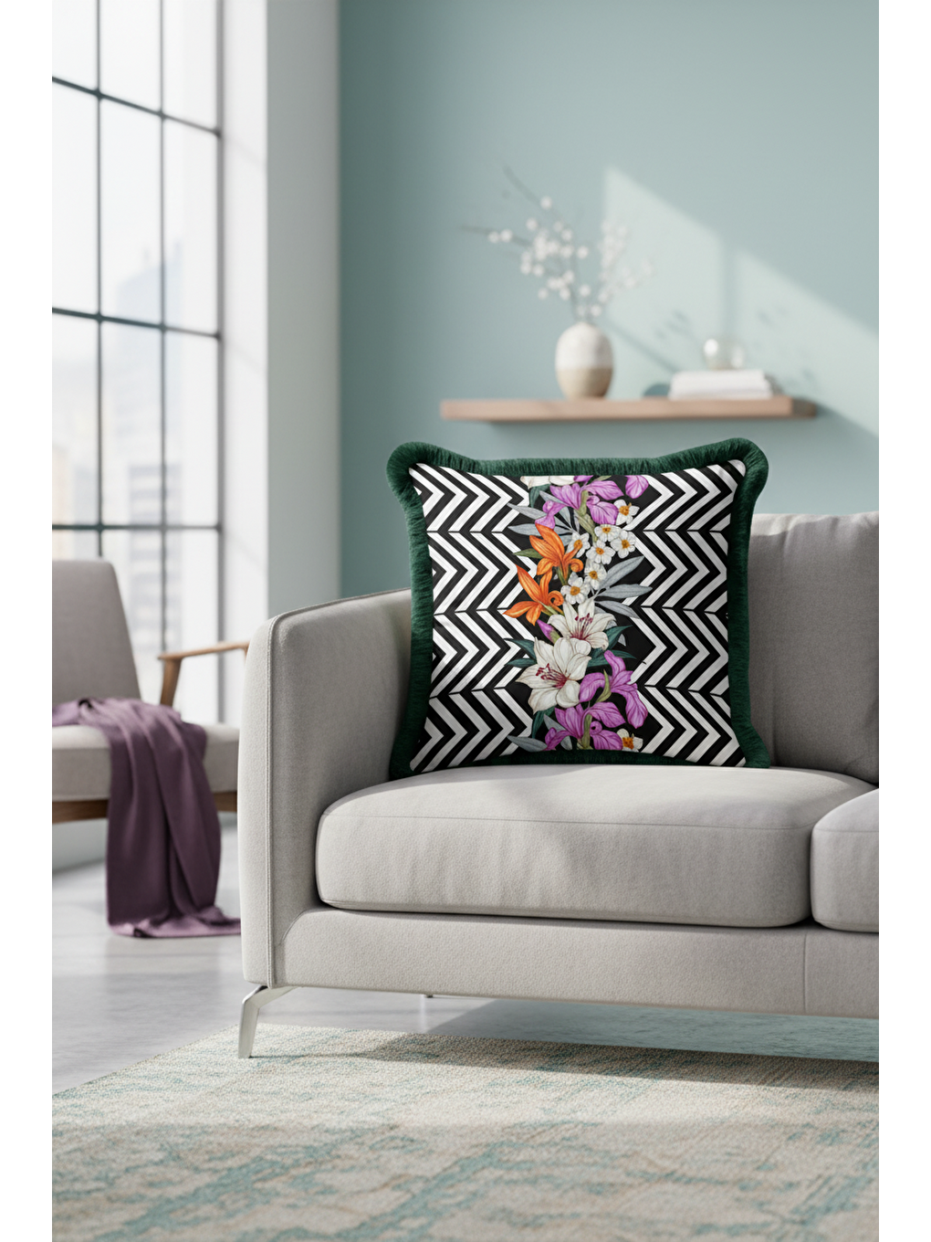 Karışık Lüks Geometrik Çizgili Saçaklı Yastık Kılıfı - Çiçekli Modern Siyah Yeşil Püsküllü Kırlent Kılıfı-1