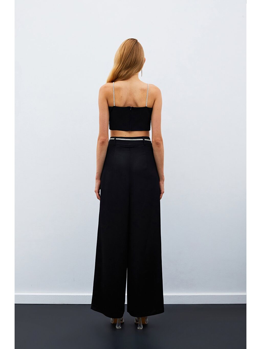 Taş Kemerli Saten Pantolon - Siyah-6