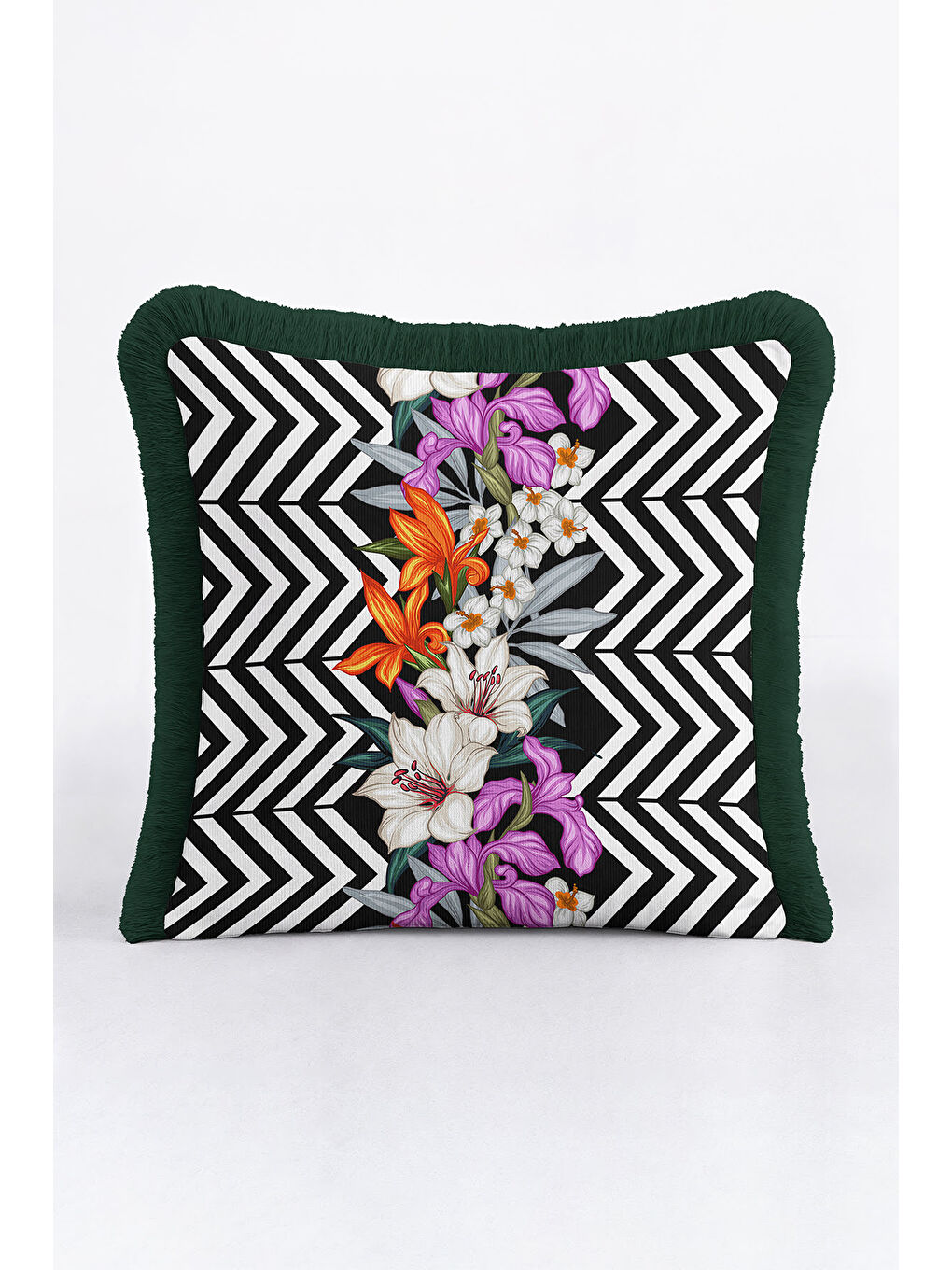 Karışık Lüks Geometrik Çizgili Saçaklı Yastık Kılıfı - Çiçekli Modern Siyah Yeşil Püsküllü Kırlent Kılıfı-2