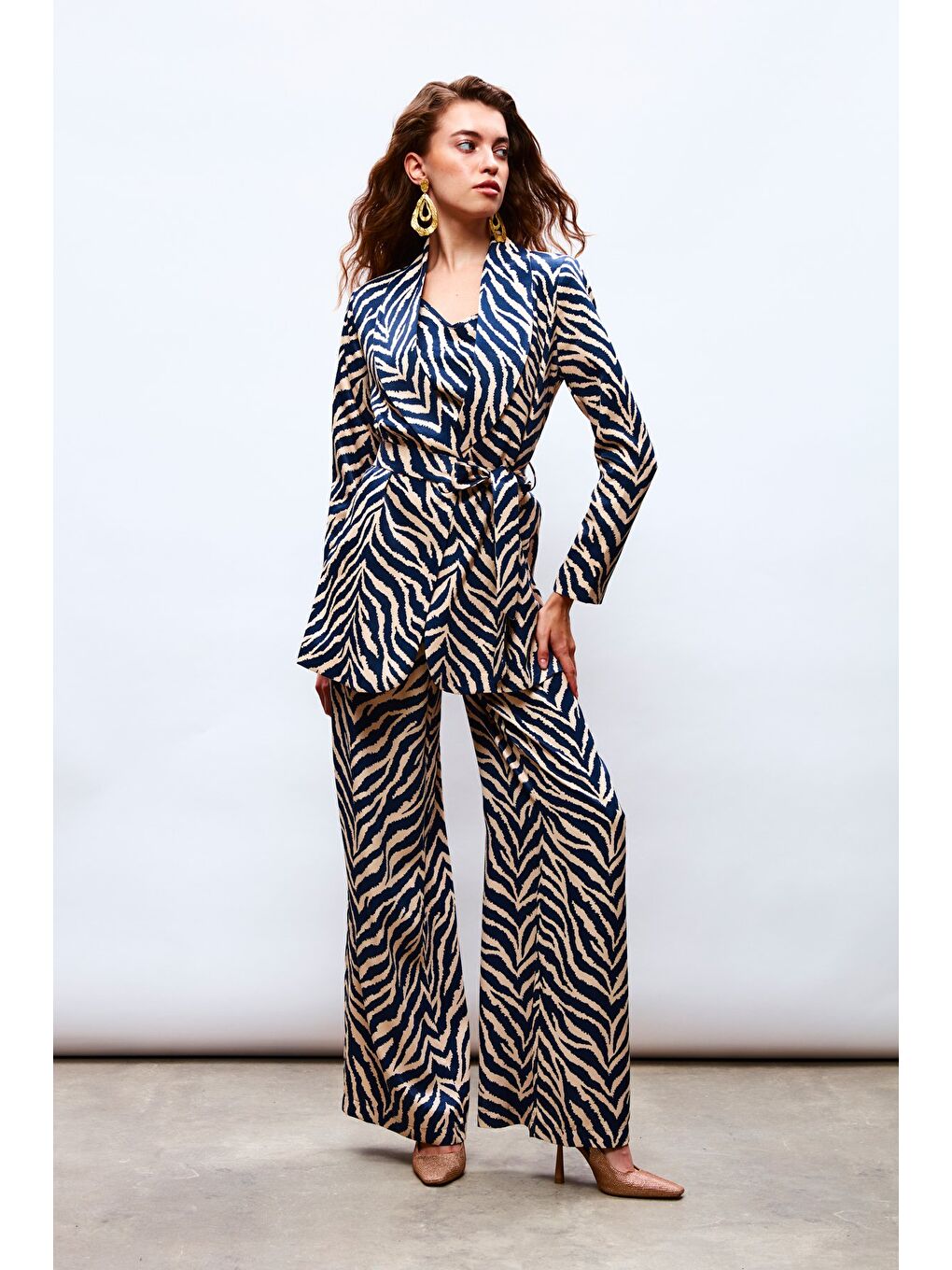 Zebra Desenli Saten Pantolon - Lacivert-1