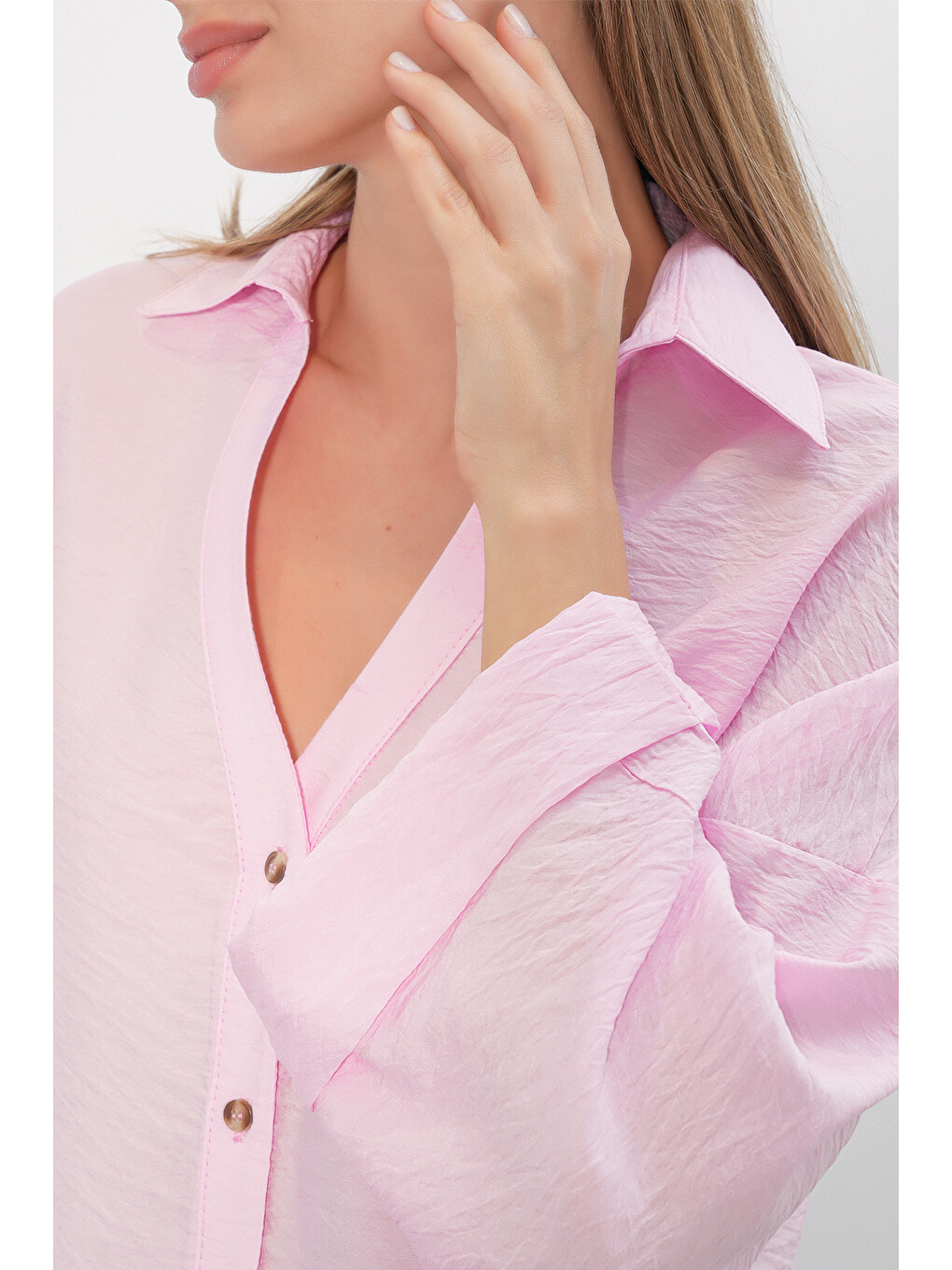 Kadın Geniş Kol Oversize Gömlek 20401 - Pembe-4