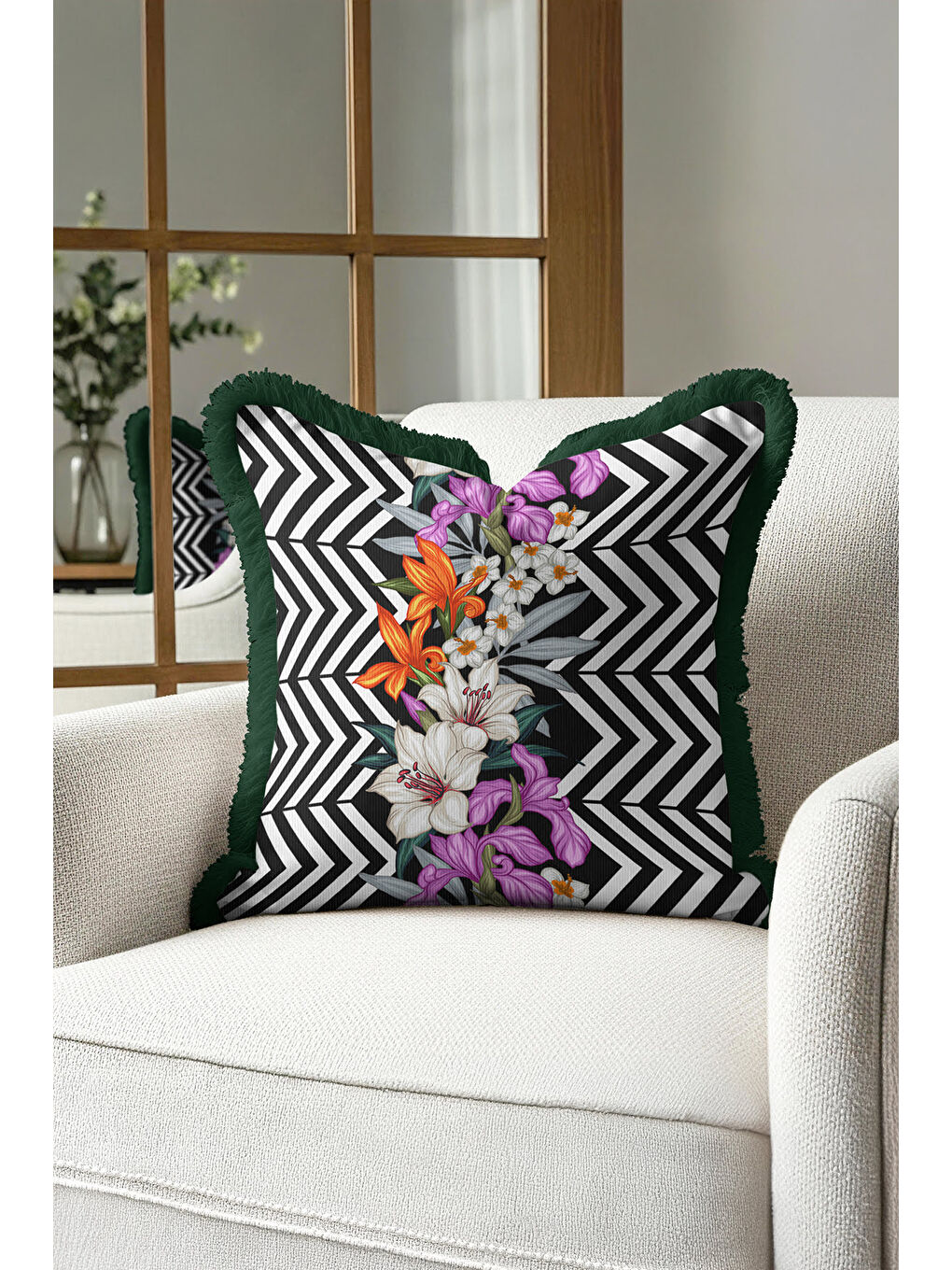 Karışık Lüks Geometrik Çizgili Saçaklı Yastık Kılıfı - Çiçekli Modern Siyah Yeşil Püsküllü Kırlent Kılıfı-3