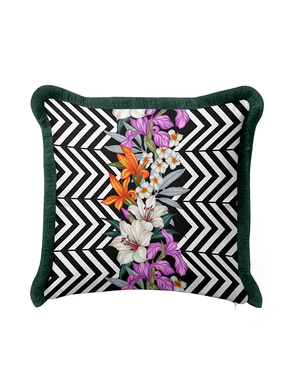Karışık Lüks Geometrik Çizgili Saçaklı Yastık Kılıfı - Çiçekli Modern Siyah Yeşil Püsküllü Kırlent Kılıfı-4