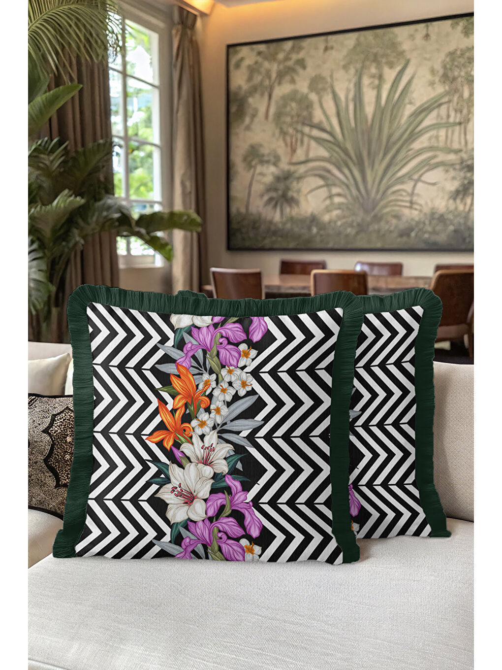 Karışık Lüks Geometrik Çizgili Saçaklı Yastık Kılıfı - Çiçekli Modern Siyah Yeşil Püsküllü Kırlent Kılıfı-5