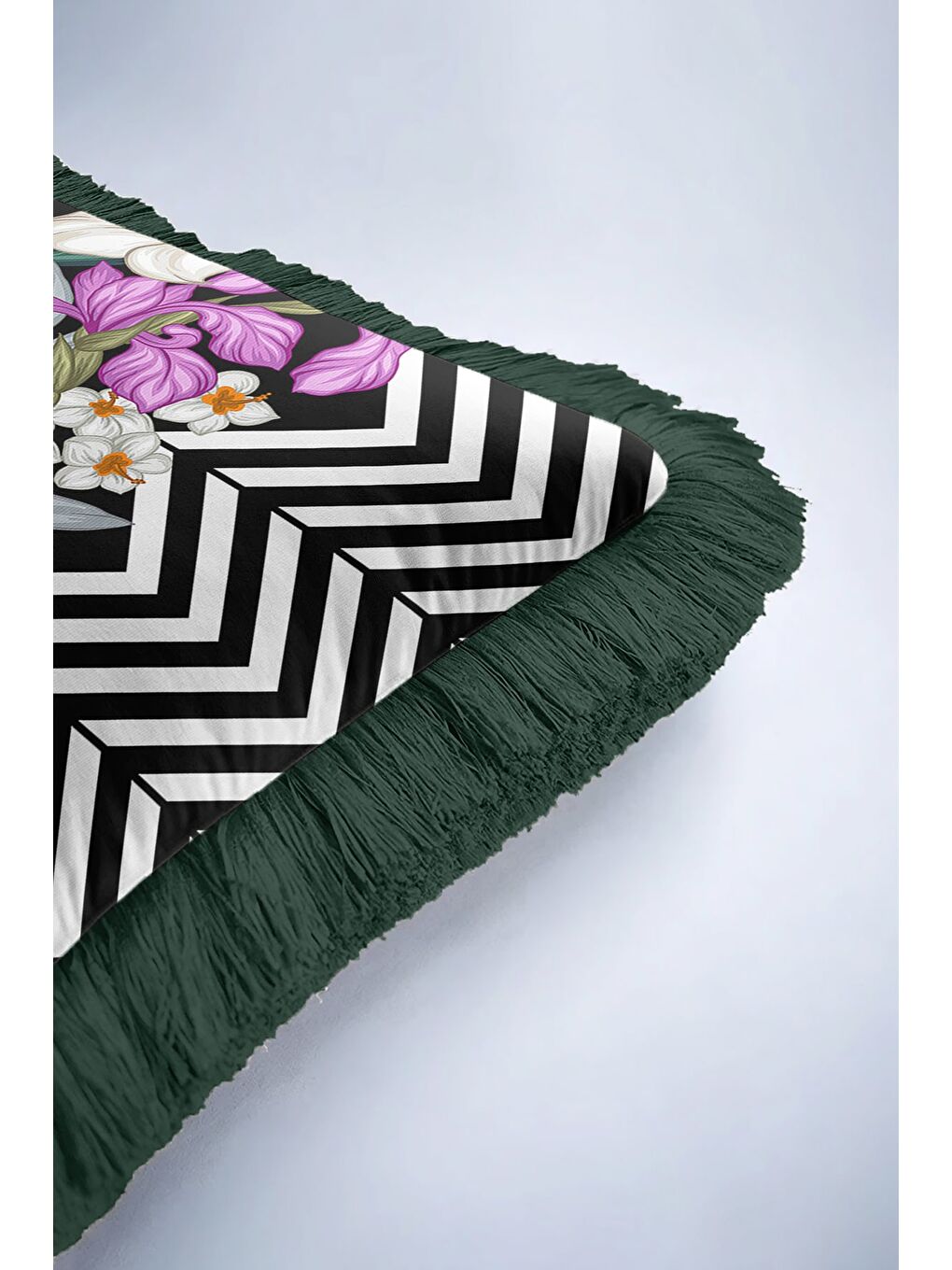 Karışık Lüks Geometrik Çizgili Saçaklı Yastık Kılıfı - Çiçekli Modern Siyah Yeşil Püsküllü Kırlent Kılıfı-6