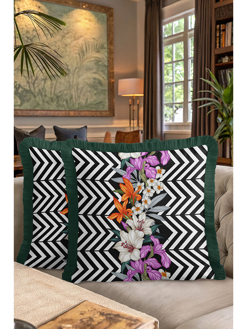 Karışık Lüks Geometrik Çizgili Saçaklı Yastık Kılıfı - Çiçekli Modern Siyah Yeşil Püsküllü Kırlent Kılıfı-7