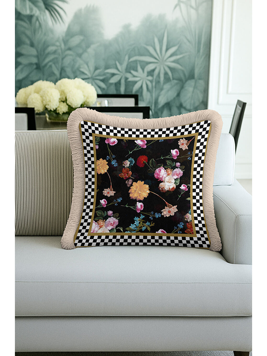 Karışık Barok Çiçekli Saçaklı Yastık Kılıfı - Zarif Bohem Siyah Altın Renkli Püsküllü Kırlent Kılıfı-2