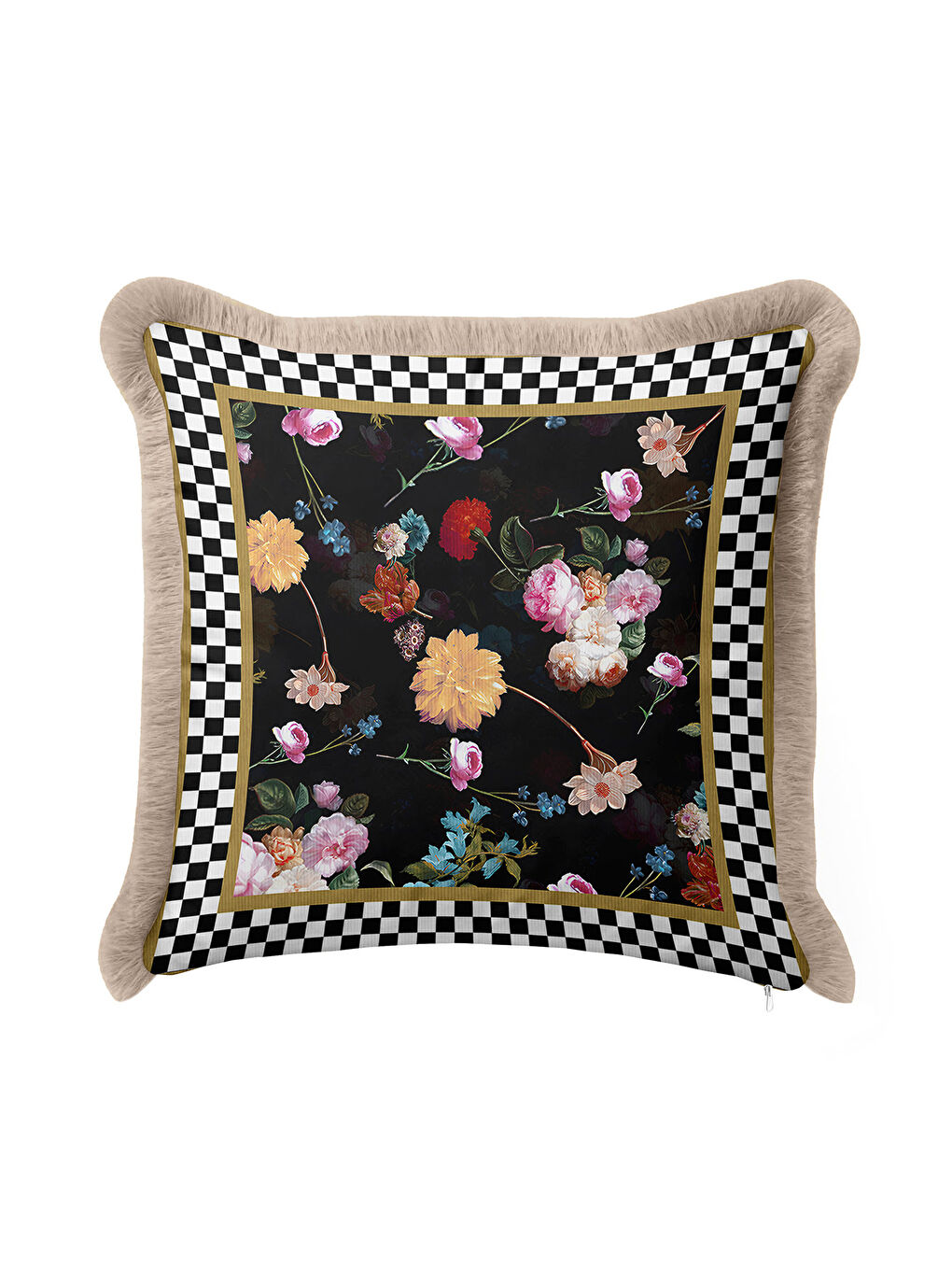 Karışık Barok Çiçekli Saçaklı Yastık Kılıfı - Zarif Bohem Siyah Altın Renkli Püsküllü Kırlent Kılıfı-3