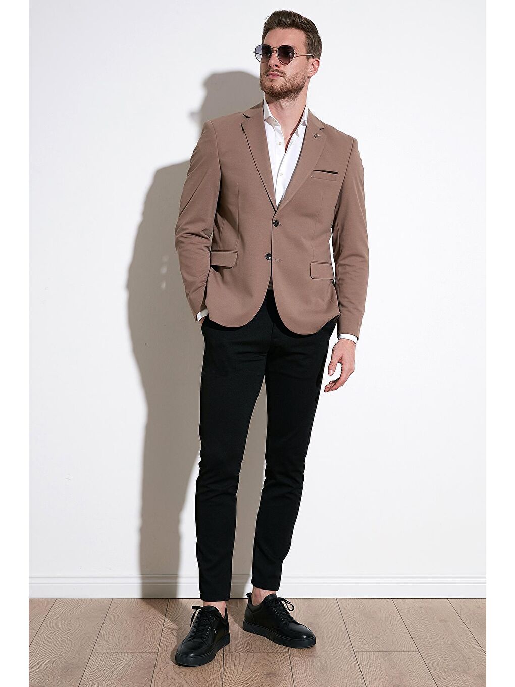 Bej Slim Fit 6 Drop Çift Yırtmaçlı Blazer Ceket BASELNA