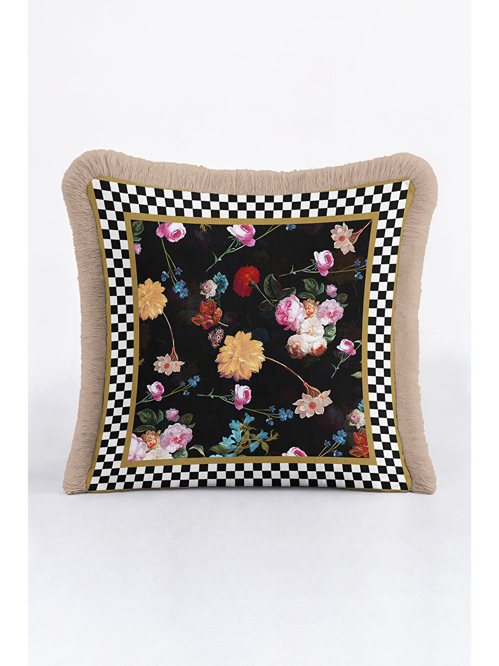 Karışık Barok Çiçekli Saçaklı Yastık Kılıfı - Zarif Bohem Siyah Altın Renkli Püsküllü Kırlent Kılıfı-4