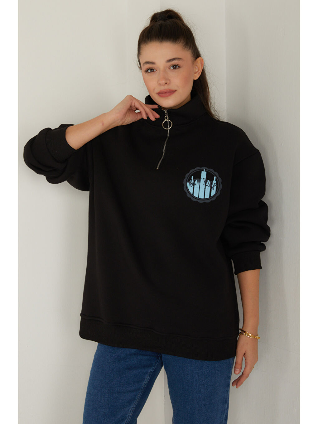 Baskılı Sweatshirt Siyah - 26518-2