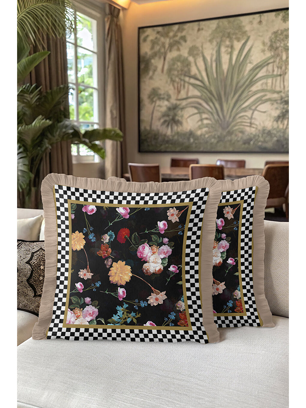 Karışık Barok Çiçekli Saçaklı Yastık Kılıfı - Zarif Bohem Siyah Altın Renkli Püsküllü Kırlent Kılıfı-5