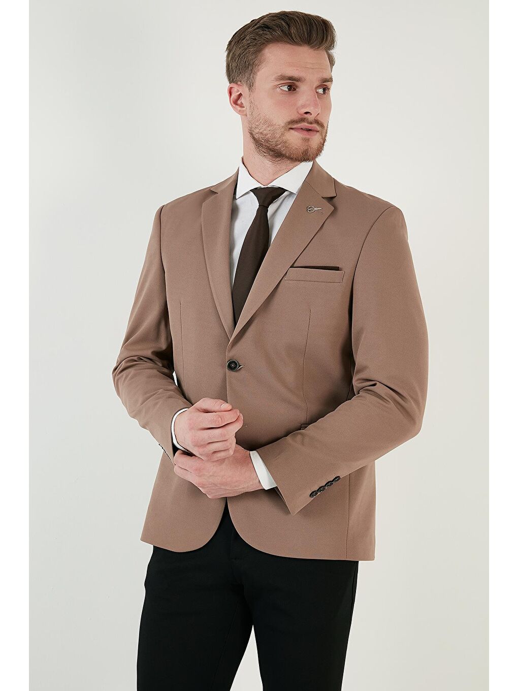 Bej Slim Fit 6 Drop Çift Yırtmaçlı Blazer Ceket BASELNA-1
