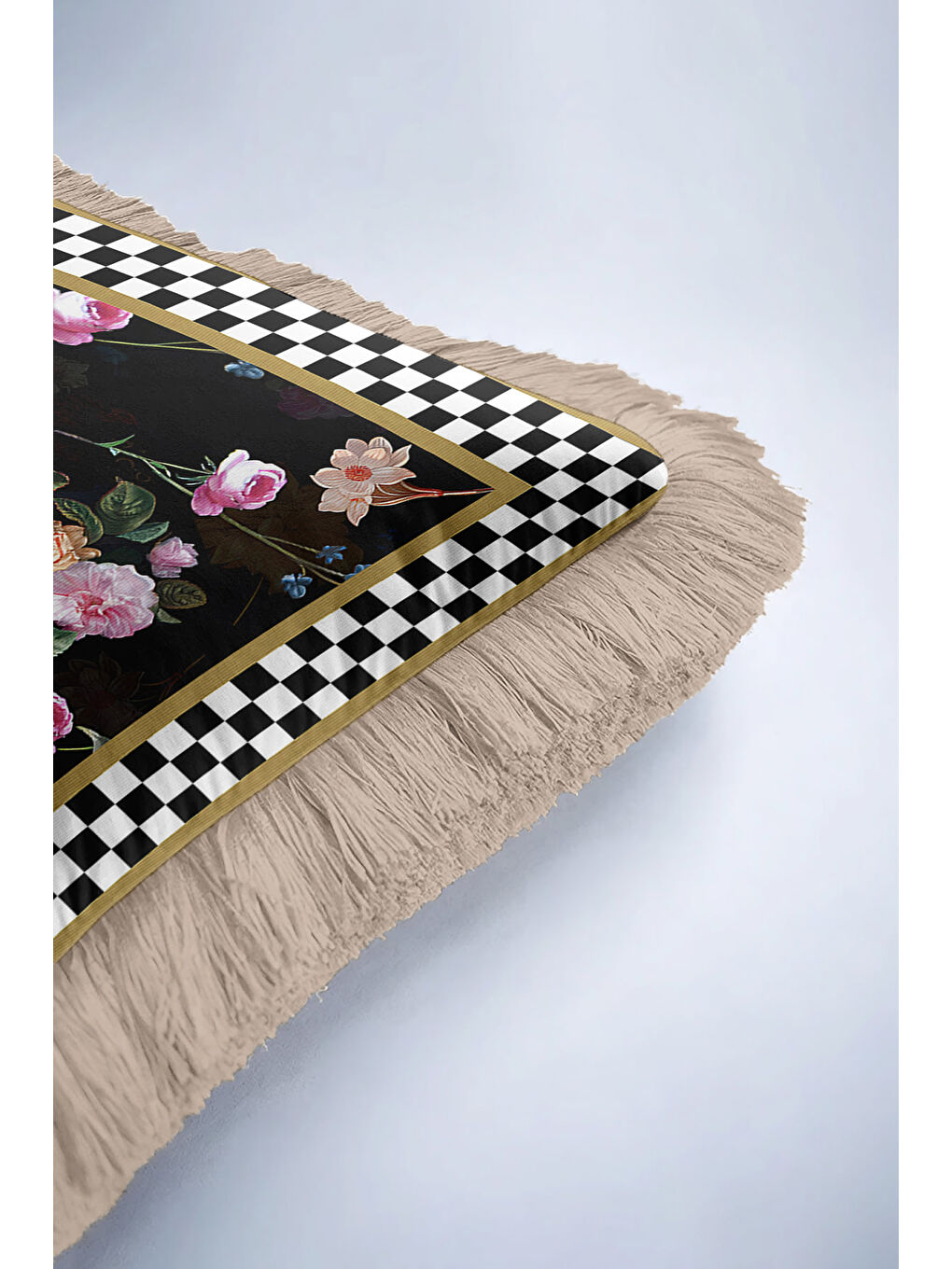 Karışık Barok Çiçekli Saçaklı Yastık Kılıfı - Zarif Bohem Siyah Altın Renkli Püsküllü Kırlent Kılıfı-6