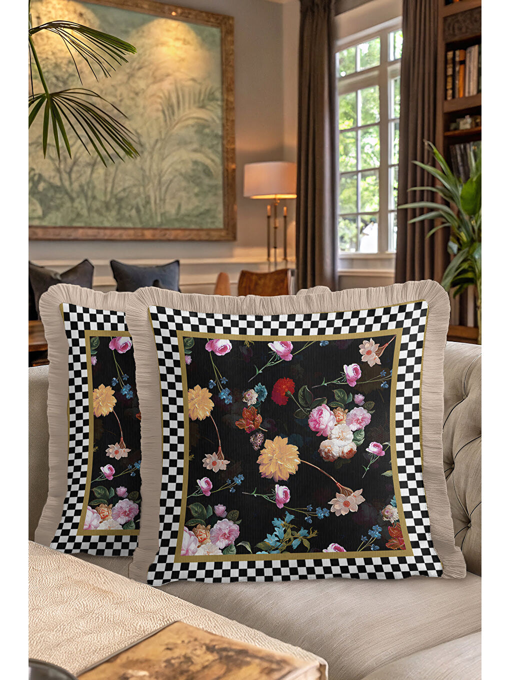 Karışık Barok Çiçekli Saçaklı Yastık Kılıfı - Zarif Bohem Siyah Altın Renkli Püsküllü Kırlent Kılıfı-7