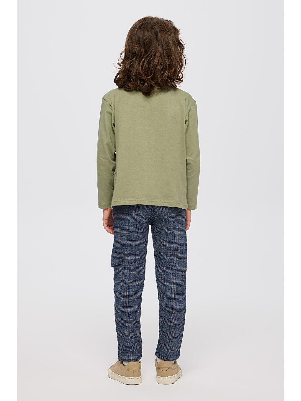 Erkek Çocuk Omzu Kumaş Detaylı Uzun Kollu Haki Tişört-1