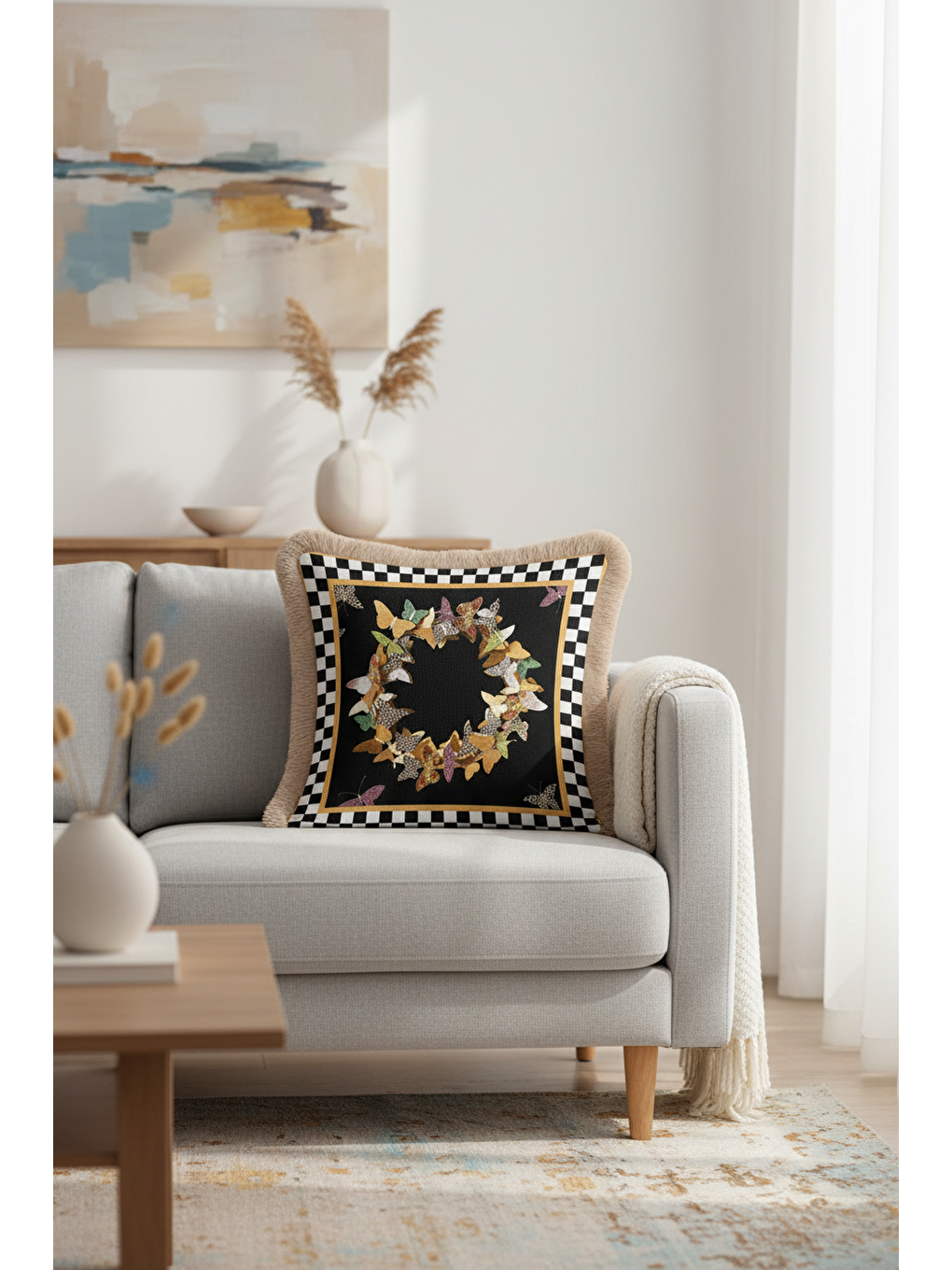 Karışık Lüks Kelebek Çerçeveli Saçaklı Yastık Kılıfı - Modern Siyah Gold Püsküllü Kırlent Kılıfı