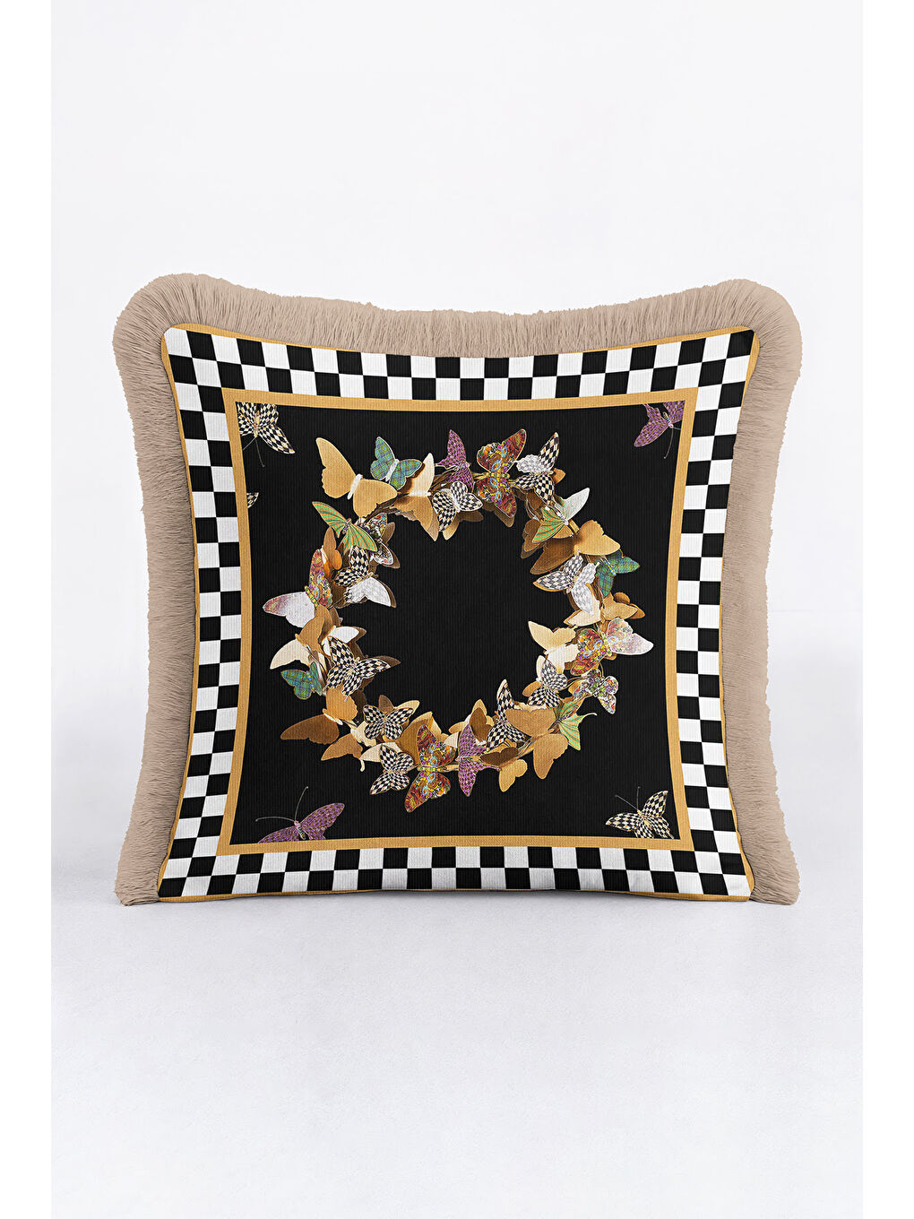 Karışık Lüks Kelebek Çerçeveli Saçaklı Yastık Kılıfı - Modern Siyah Gold Püsküllü Kırlent Kılıfı-2
