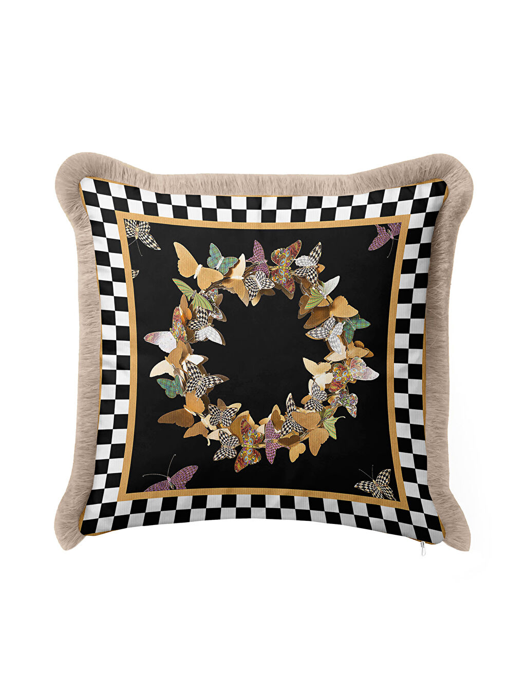 Karışık Lüks Kelebek Çerçeveli Saçaklı Yastık Kılıfı - Modern Siyah Gold Püsküllü Kırlent Kılıfı-3