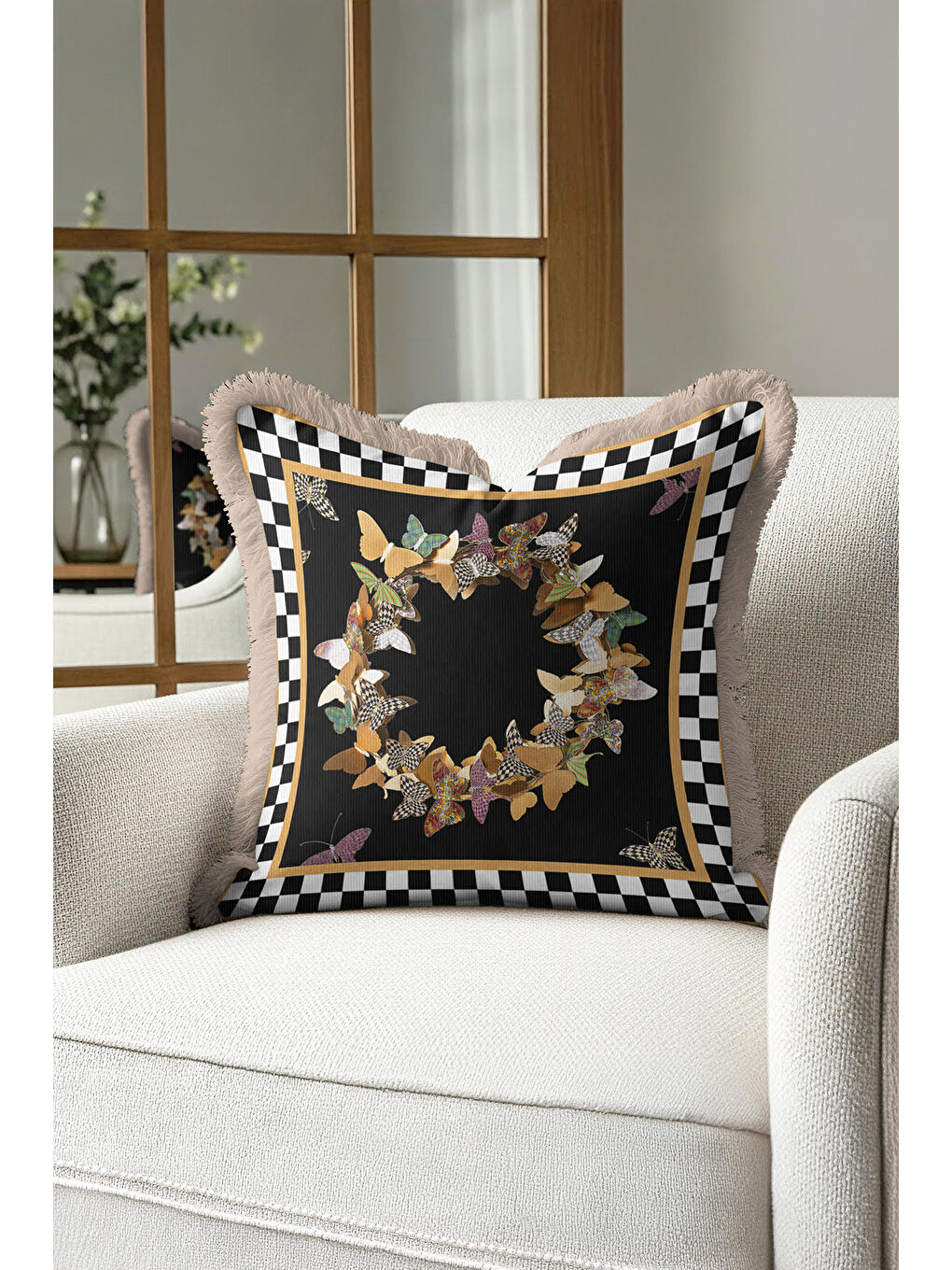 Karışık Lüks Kelebek Çerçeveli Saçaklı Yastık Kılıfı - Modern Siyah Gold Püsküllü Kırlent Kılıfı-4