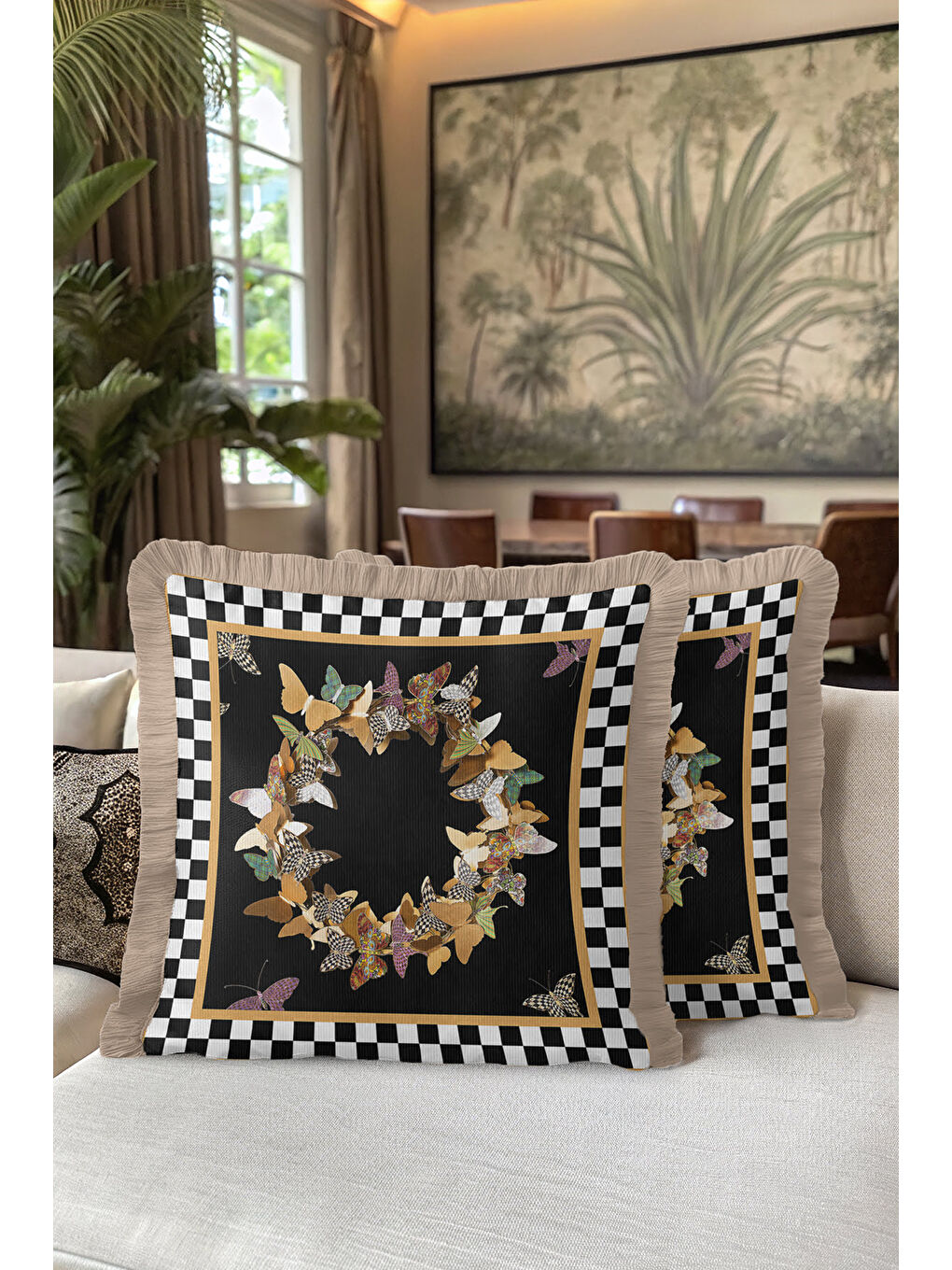 Karışık Lüks Kelebek Çerçeveli Saçaklı Yastık Kılıfı - Modern Siyah Gold Püsküllü Kırlent Kılıfı-5