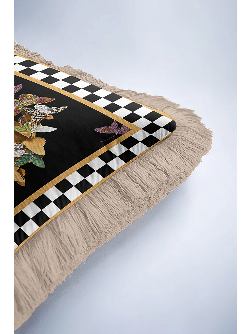 Karışık Lüks Kelebek Çerçeveli Saçaklı Yastık Kılıfı - Modern Siyah Gold Püsküllü Kırlent Kılıfı-6