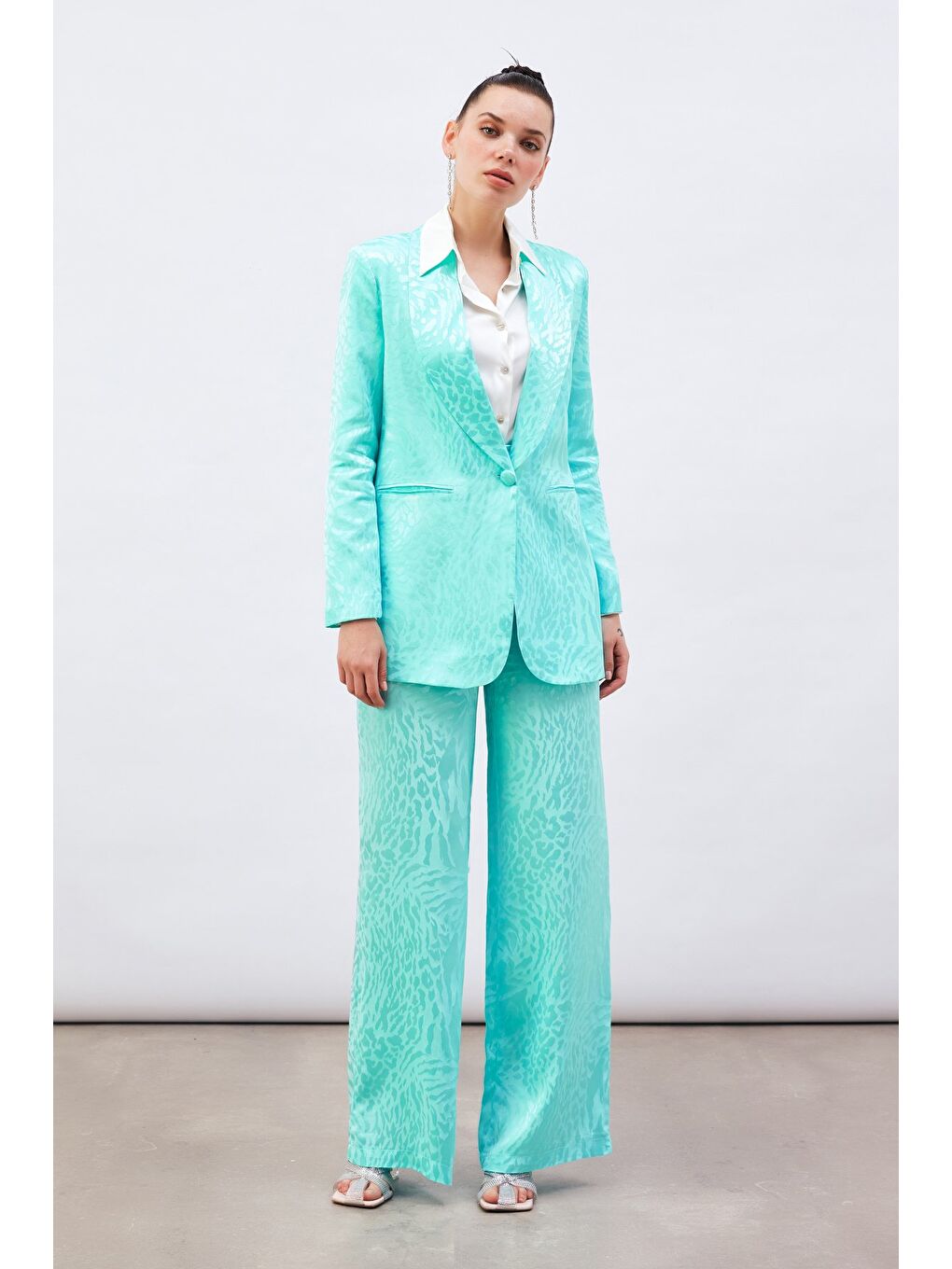 Desenli Saten Pantolon - Turkuaz-2