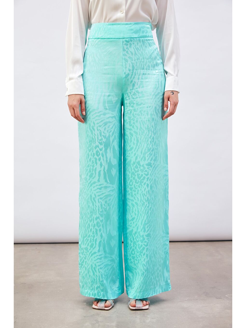Desenli Saten Pantolon - Turkuaz-3
