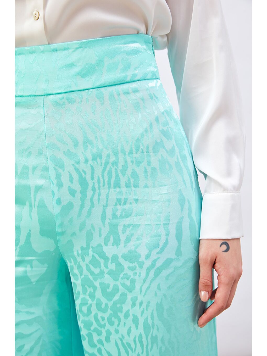 Desenli Saten Pantolon - Turkuaz-4
