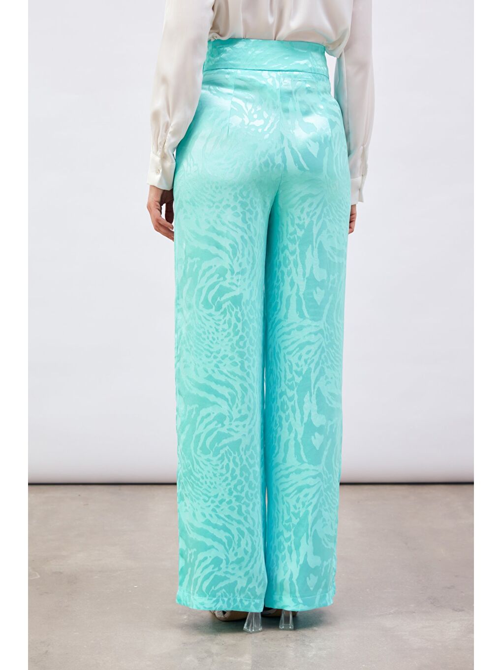 Desenli Saten Pantolon - Turkuaz-5