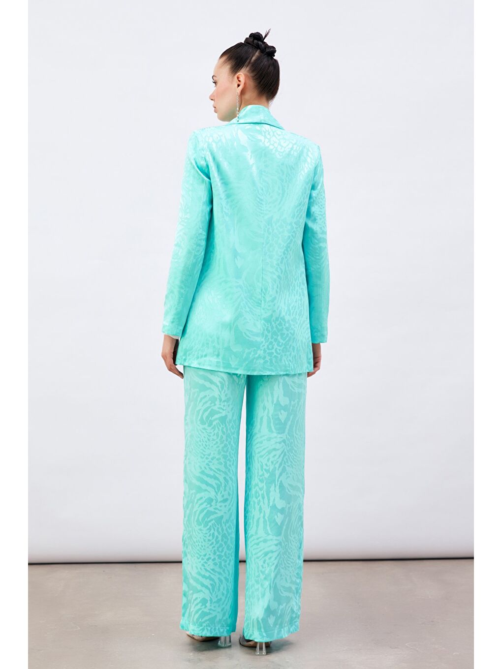 Desenli Saten Pantolon - Turkuaz-6
