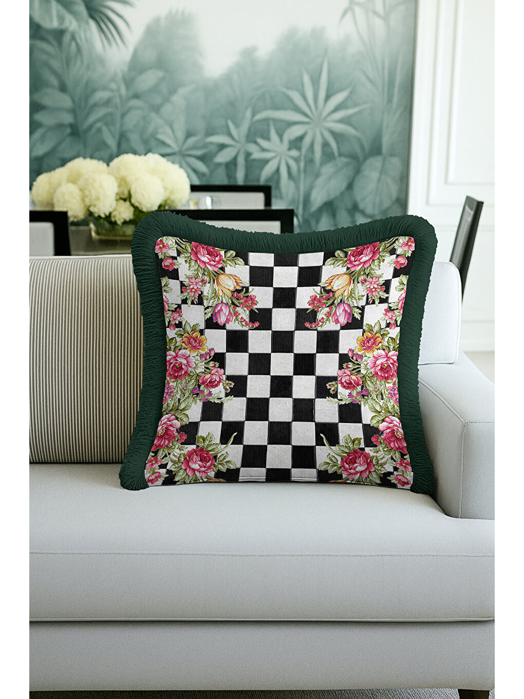 Karışık Zarif Kareli Çiçekli Saçaklı Yastık Kılıfı - Romantik Bahar Eklektik Yeşil Püsküllü Kırlent Kılıfı