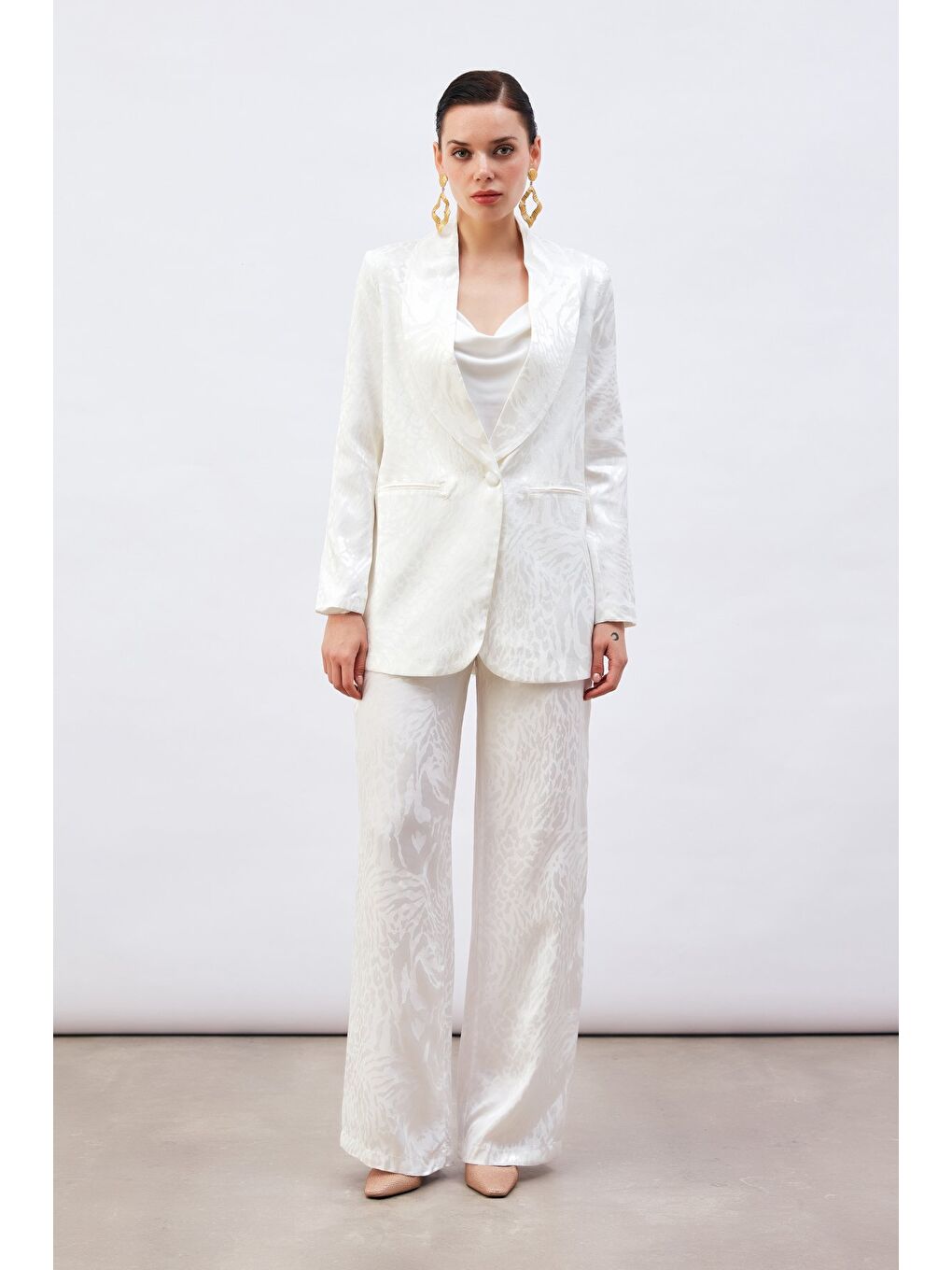Desenli Saten Pantolon - Ekru