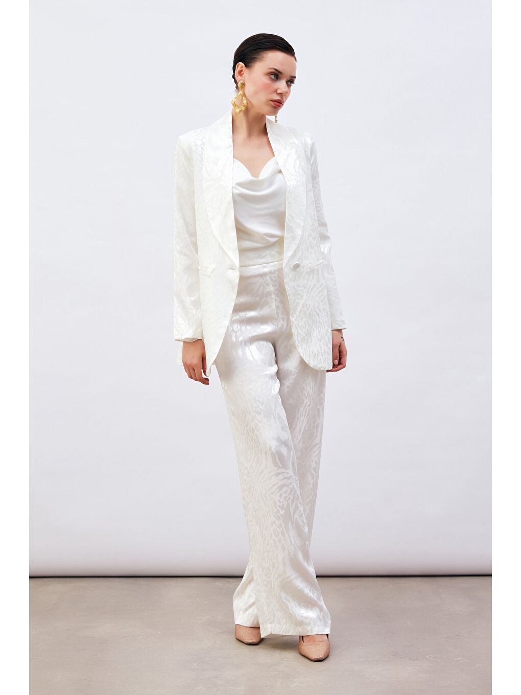 Desenli Saten Pantolon - Ekru-1