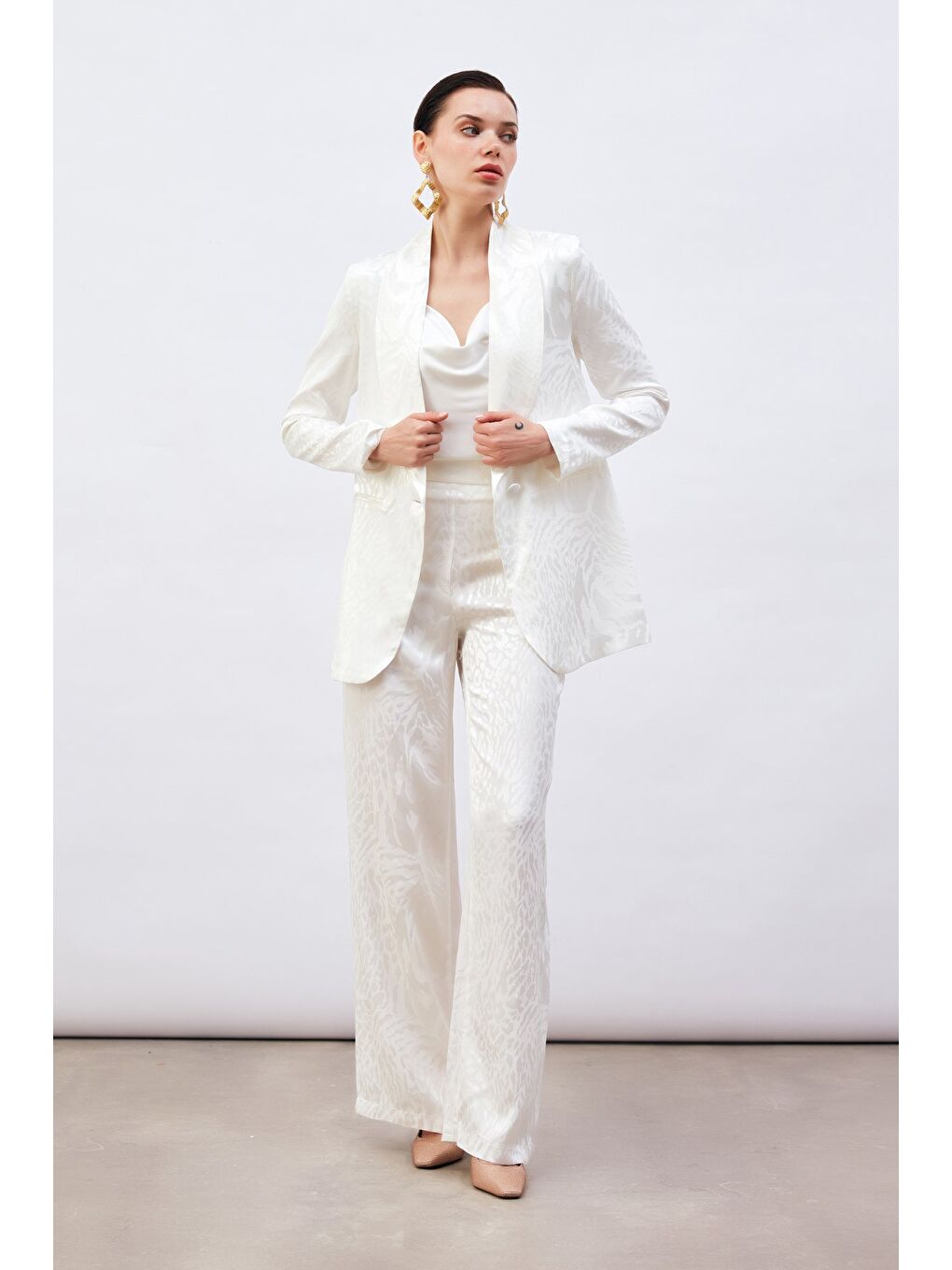 Desenli Saten Pantolon - Ekru-2