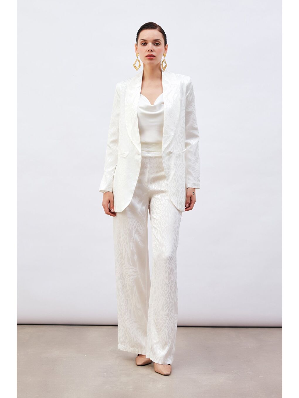 Desenli Saten Pantolon - Ekru-3