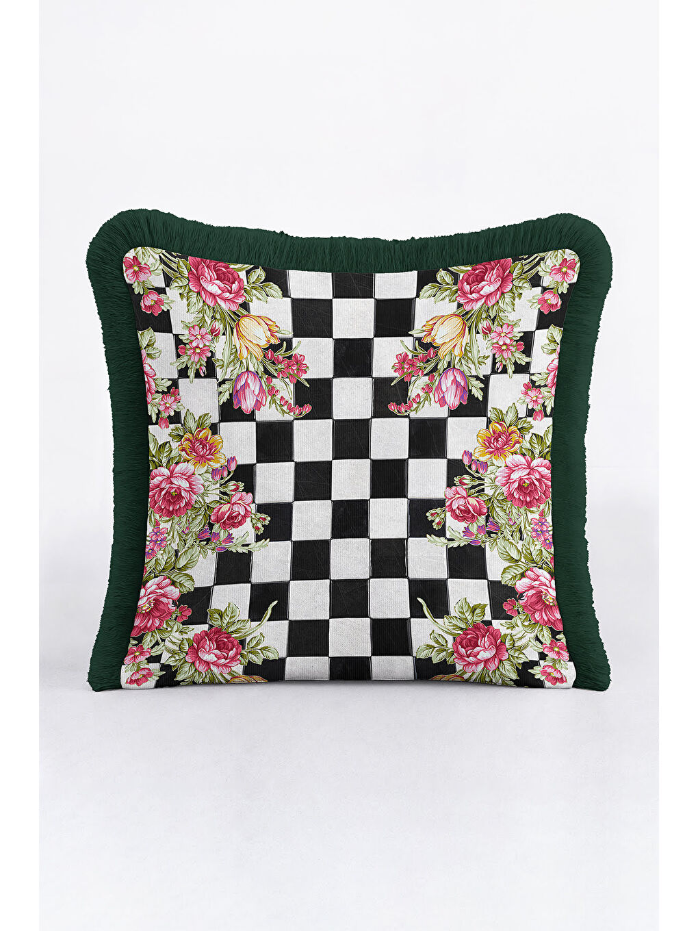 Karışık Zarif Kareli Çiçekli Saçaklı Yastık Kılıfı - Romantik Bahar Eklektik Yeşil Püsküllü Kırlent Kılıfı-1