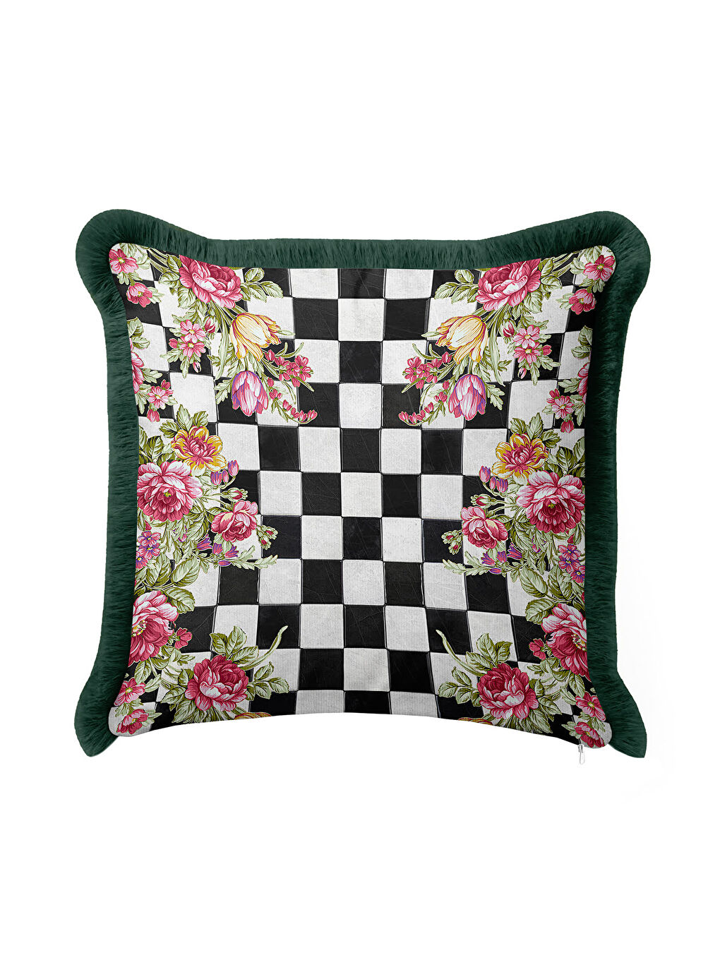 Karışık Zarif Kareli Çiçekli Saçaklı Yastık Kılıfı - Romantik Bahar Eklektik Yeşil Püsküllü Kırlent Kılıfı-2