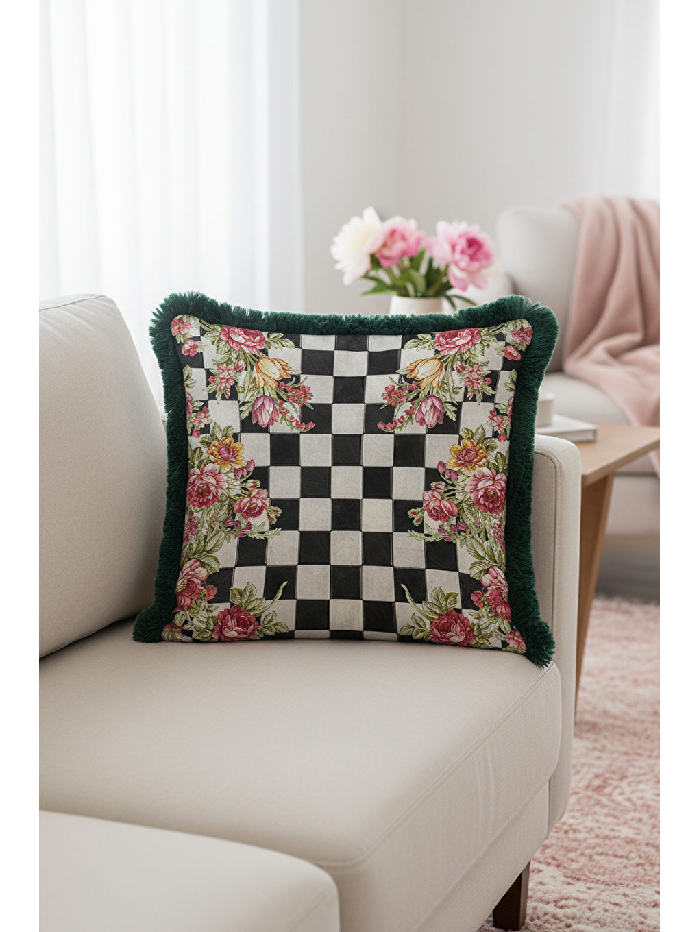 Karışık Zarif Kareli Çiçekli Saçaklı Yastık Kılıfı - Romantik Bahar Eklektik Yeşil Püsküllü Kırlent Kılıfı-3