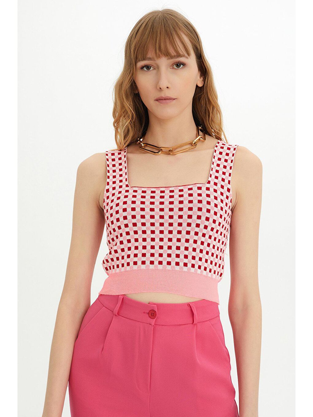 Neon Pembe Dama Desenli Sırt Dekolteli Triko Atlet