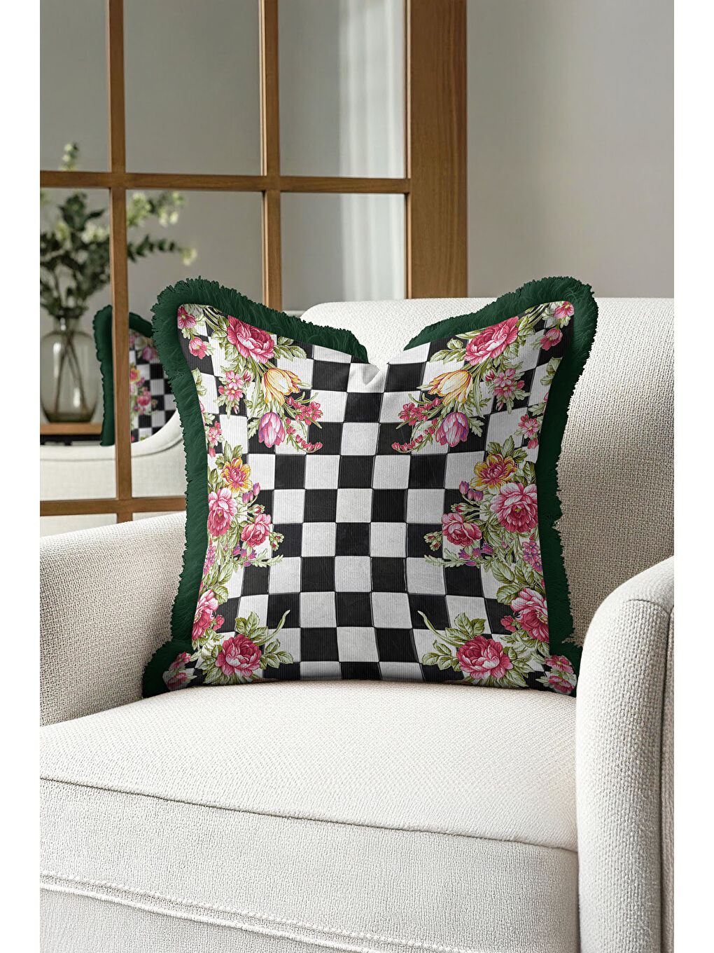 Karışık Zarif Kareli Çiçekli Saçaklı Yastık Kılıfı - Romantik Bahar Eklektik Yeşil Püsküllü Kırlent Kılıfı-4