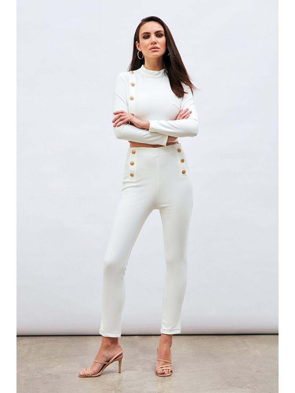 Düğme Detaylı Pantolon - Ekru-1