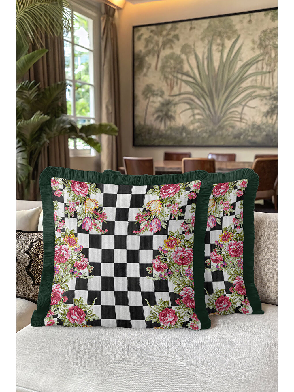 Karışık Zarif Kareli Çiçekli Saçaklı Yastık Kılıfı - Romantik Bahar Eklektik Yeşil Püsküllü Kırlent Kılıfı-5